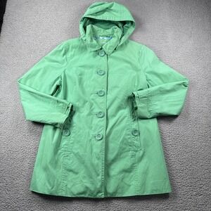 LL Bean Jacket Womens M Green Trench Coat Removable Hood Button Up Outdoor Camp‎